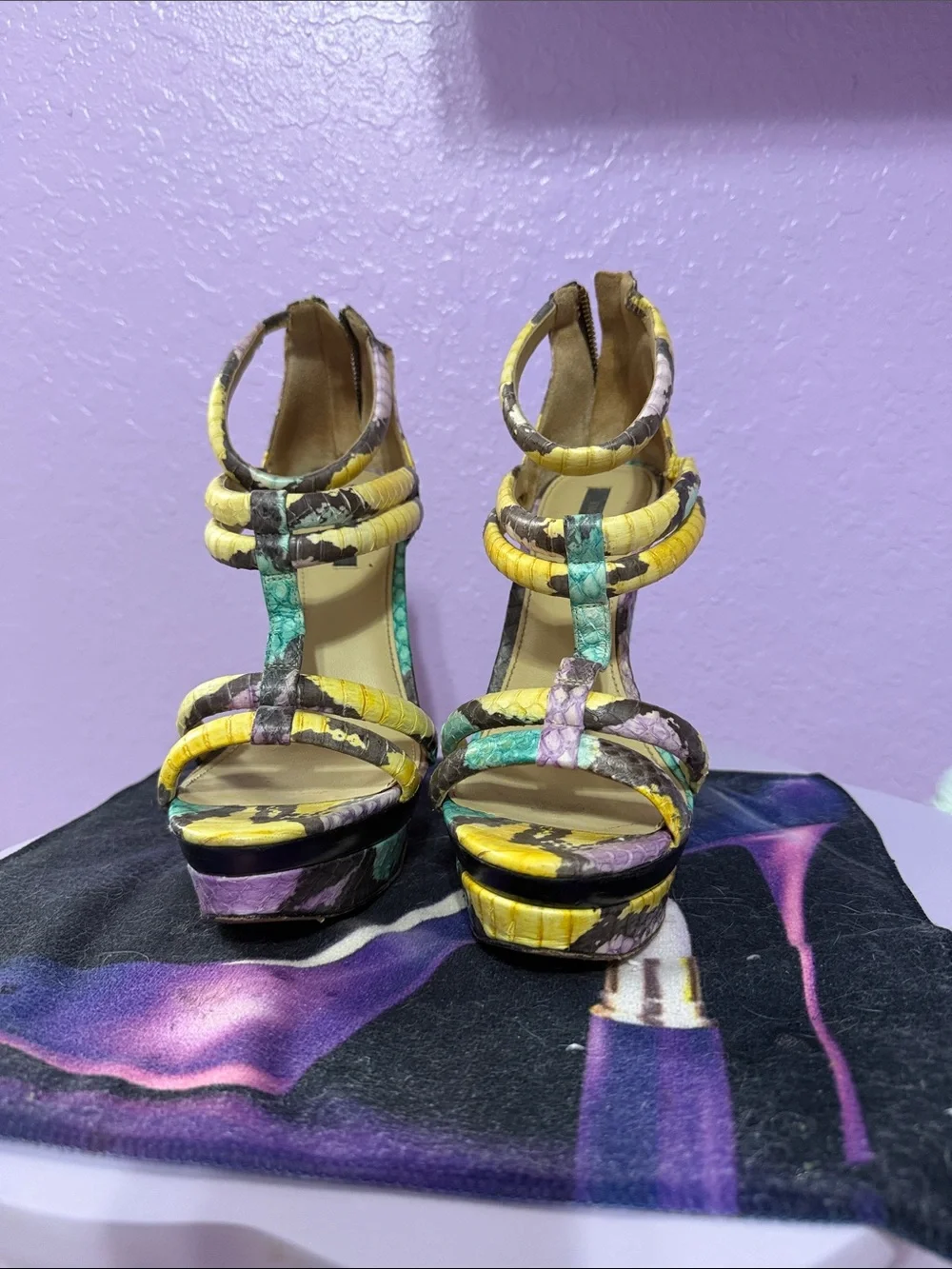 Rachel Zoe Yellow Teal Purple Snake-Print Platform Wedges